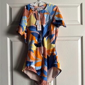 Kona Sol Multicolor Tropical Zip-Front Short Sleeve swimsuit